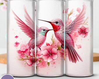 Embalagem para copo de beija-flor rosa: design floral de sublimação fina de 20 onças (PNG)