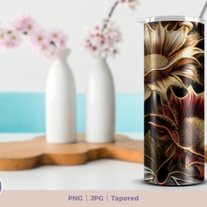 3D Flowers with a dash of gold 20 oz Skinny Tumbler Sublimation Design, Instant Digital Download PNG, Straight & Tapered Tumbler Wrap PNG. 3D flowers tumbler wrap. MaxaBranding shop