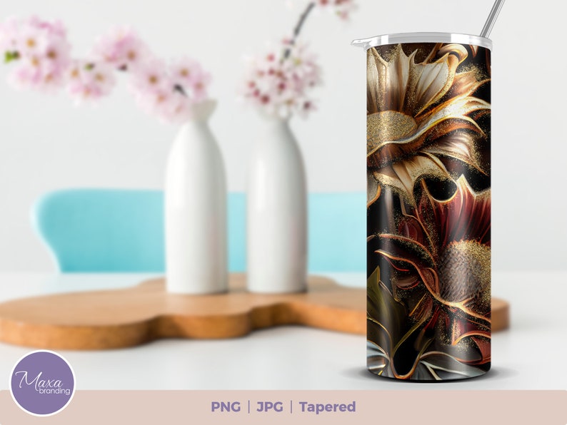 3D Flowers with a dash of gold 20 oz Skinny Tumbler Sublimation Design, Instant Digital Download PNG, Straight & Tapered Tumbler Wrap PNG. 3D flowers tumbler wrap. MaxaBranding shop