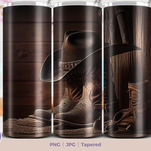 Chapéu de botas de cowboy 20 onças Skinny Tumbler Sublimação Digital Download PNG Straight & Tapered Tumbler Wrap PNG. Wrap estilo country marrom para homem
