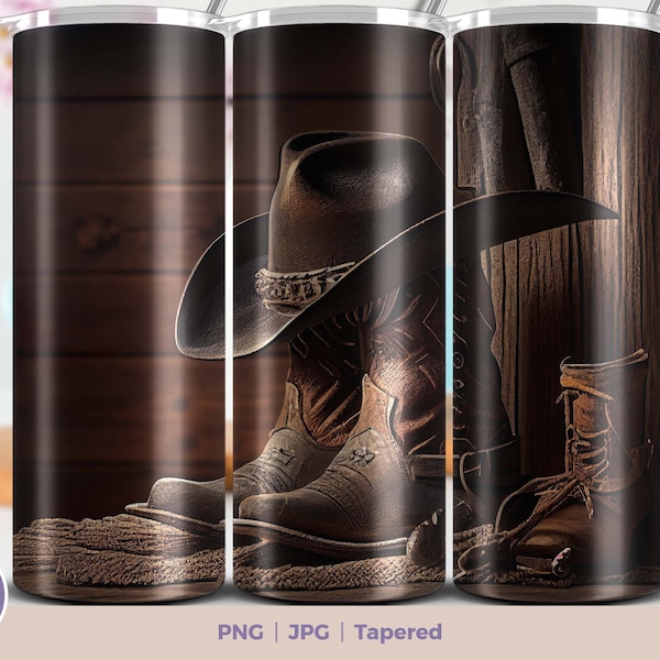 Cowboy Boots Hat 20 oz Skinny Tumbler Sublimation Digital Download PNG Straight & Tapered Tumbler Wrap PNG. Brown country style wrap for man