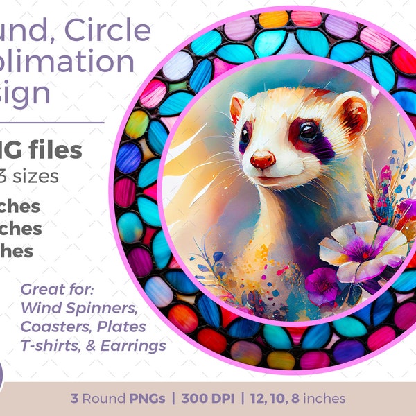 Ferret with flowers Round Sublimation Design. Colorful Floral Animal PNG for spinner, coaster, earrings, t-shirt. Ferret Spinner Design
