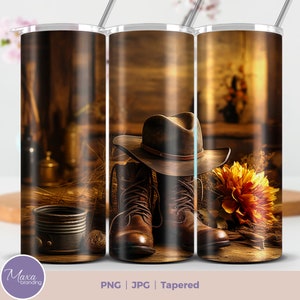 Cowboy Boots Hat 20 oz Skinny Tumbler Sublimation Téléchargement numérique PNG Straight & Tapered Tumbler Wrap PNG. Écharpe marron style country pour homme
