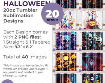 May include: A set of 20 Halloween-themed sublimation designs for 20oz tumblers. Each design comes with two PNG files: one straight and one tapered, sized 9.3 inches by 8.2 inches. This makes a total of 40 images.