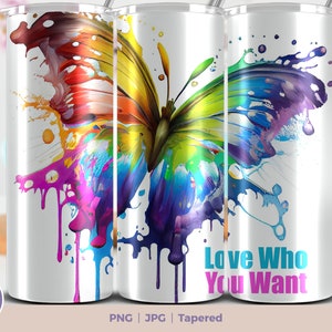 Rainbow Butterfly 20 oz Skinny Tumbler Sublimation Design Téléchargement numérique PNG, Straight & Tapered Tumbler Wrap PNG. Enveloppe de fierté LGBTQ png
