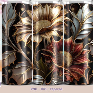 3D Flowers with a dash of gold 20 oz Skinny Tumbler Sublimation Design, Instant Digital Download PNG, Straight & Tapered Tumbler Wrap PNG. 3D flowers tumbler wrap. MaxaBranding shop
