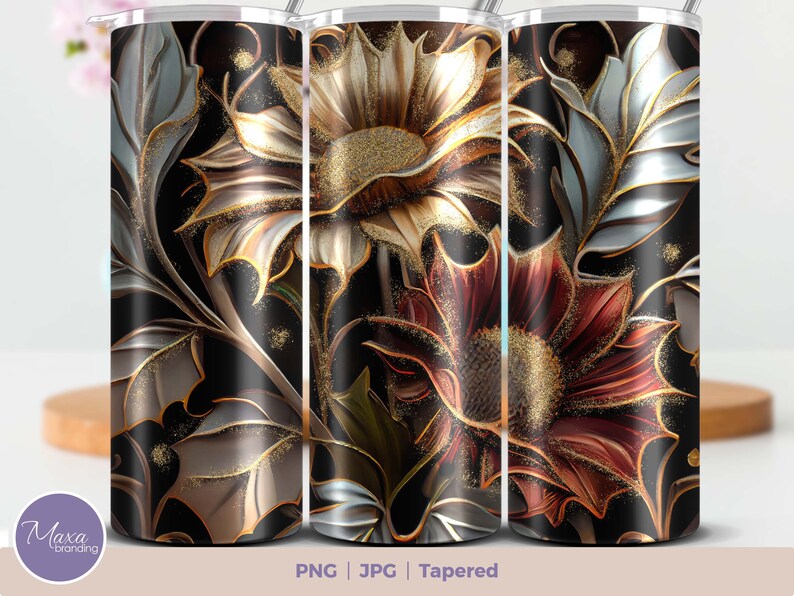 3D Flowers with a dash of gold 20 oz Skinny Tumbler Sublimation Design, Instant Digital Download PNG, Straight & Tapered Tumbler Wrap PNG. 3D flowers tumbler wrap. MaxaBranding shop