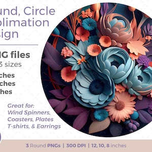 3D Blumen rund Sublimation Design. Buntes florales PNG für Spinner, Untersetzer, Ohrringe, T-Shirt. 3D Runde florale Spinner Design Clipart