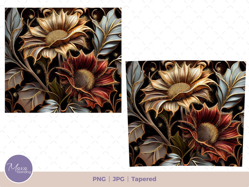 3D Flowers with a dash of gold 20 oz Skinny Tumbler Sublimation Design, Instant Digital Download PNG, Straight & Tapered Tumbler Wrap PNG. 3D flowers tumbler wrap. MaxaBranding shop
