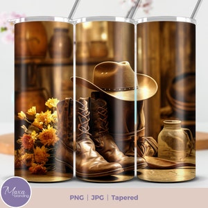 Bottes de cowboy, chapeau 20 oz, gobelet maigre, téléchargement numérique PNG, gobelet droit et conique enveloppant PNG. Châle champêtre marron pour homme