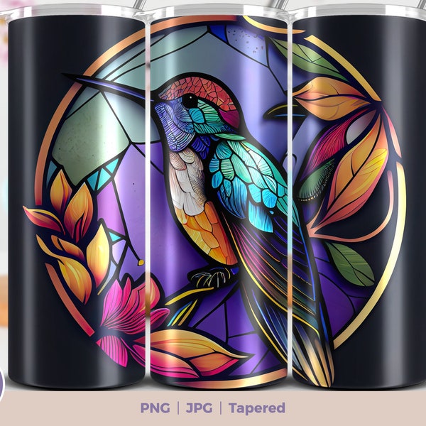 Hummingbird Stained Glass 20 oz Skinny Tumbler Sublimation Design, Instant Digital Download PNG, Straight & Tapered Tumbler Wrap PNG. Bird