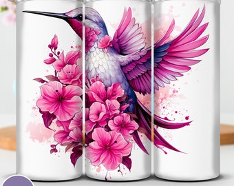 Embalagem para copo de beija-flor rosa: design floral de sublimação fina de 20 onças (PNG, JPG)