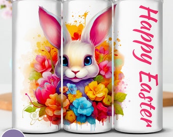 Floral Easter Bunny Tumbler Wrap: 20oz Skinny Sublimation Design (PNG, JPG)