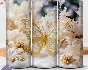 Gold Weihnachten Schmetterling Tumbler Wrap: 20 Unzen Skinny Sublimation Design (Digitaler Download)