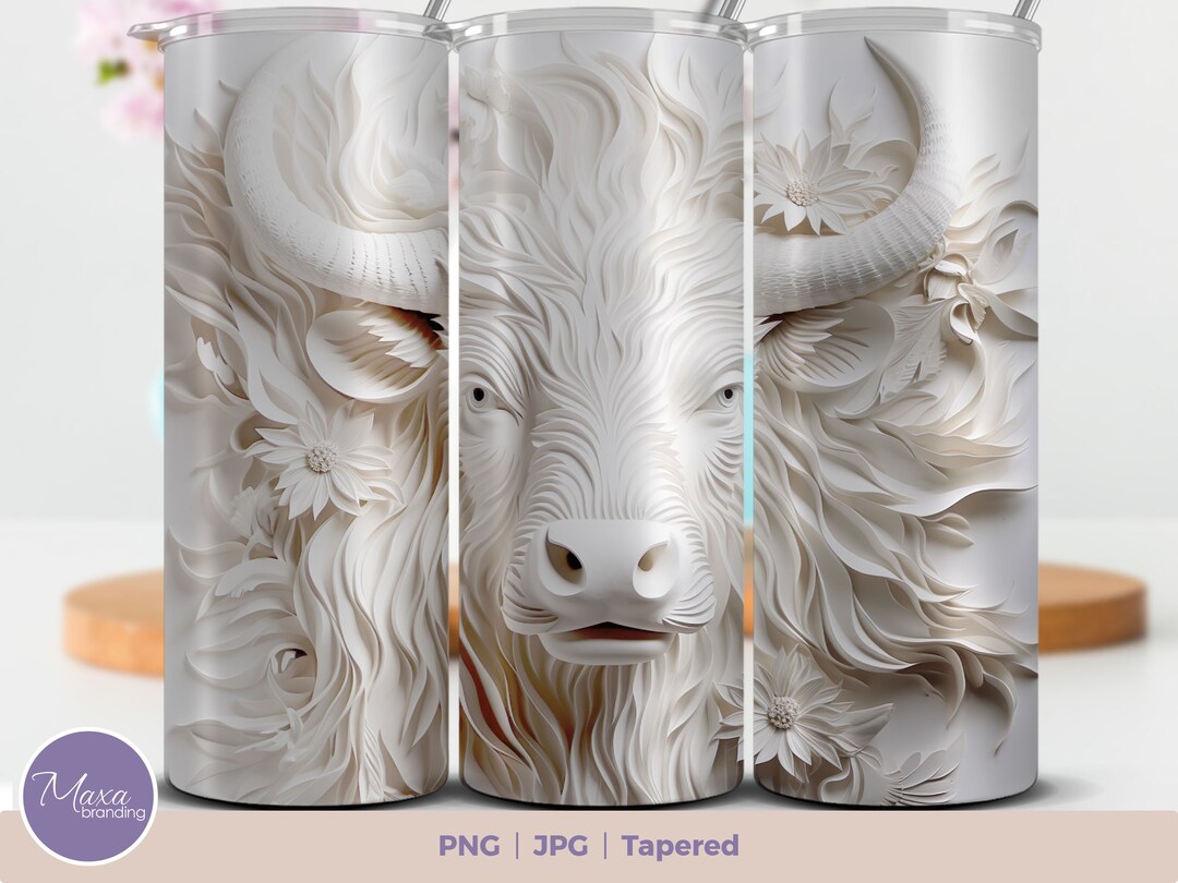 3D White Highland Cow Tumbler Wrap: 20oz Skinny Sublimation Design ...