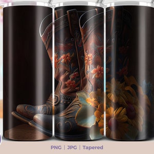 Bottes de cow-girl 3D Fleurs 20oz Skinny Tumbler Sublimation Téléchargement numérique PNG Straight & Tapered Tumbler Wrap PNG. Écharpe style campagnard marron