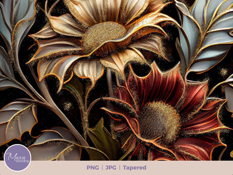 3D Flowers with a dash of gold 20 oz Skinny Tumbler Sublimation Design, Instant Digital Download PNG, Straight & Tapered Tumbler Wrap PNG. 3D flowers tumbler wrap. MaxaBranding shop