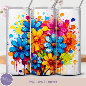 Rainbow Flowers Tumbler Wrap: 20oz Skinny Sublimation Design (PNG)