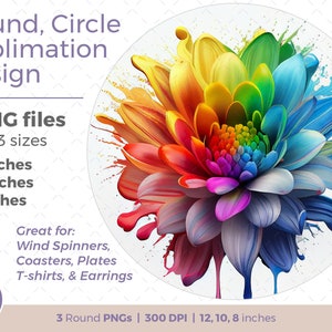 Könnte beinhalten: Ein rundes Sublimationsdesign in Farbe mit einer Regenbogenblume und tropfendem Farbverlauf. Das Design ist in drei Größen erhältlich: 30,5 cm, 25,4 cm und 20,3 cm.