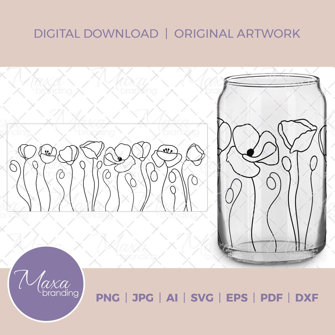 16oz Libbey Glass Can With Poppy Flowers Clipart in Svg Png Dxf Jpg Pdf ...
