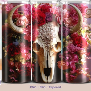 3D Floral Western Bull Skull 20oz Skinny Tumbler Sublimation Digital Download PNG Straight & Tapered Tumbler Wrap PNG. Enveloppe de style campagnard 3D