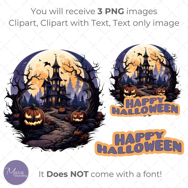 Halloween Sublimation Designs PNG. Haunted house with jack-o-lanterns. Digital Retro Style clipart for t-shirts, mugs, tote bags, pillows.