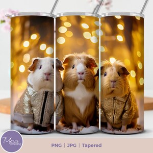 3D Gold Christmas Tumbler Wrap Sublimation Design, Cute Guinea Pig 20oz Skinny Tumbler, Digital Download Straight & Tapered Tumbler Wrap PNG