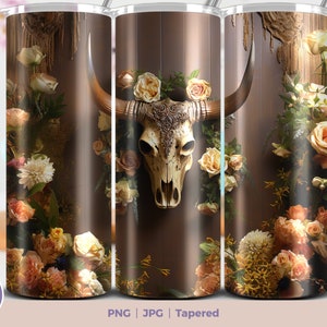 Floral Western Bull Skull 20oz Skinny Tumbler Sublimation Téléchargement numérique PNG Straight & Tapered Tumbler Wrap PNG. Wrap de style campagnard marron