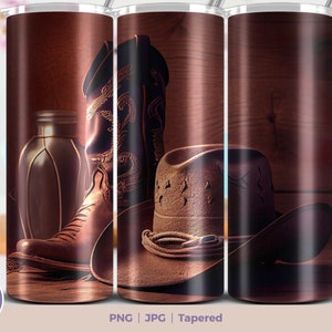 Cowboy Boots Hat 20 oz Skinny Tumbler Sublimation Téléchargement numérique PNG Straight & Tapered Tumbler Wrap PNG. Écharpe marron style country pour homme