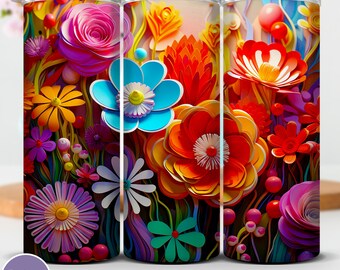 3D Floral Tumbler Wrap: 20oz Skinny Sublimation Design (PNG, JPG)