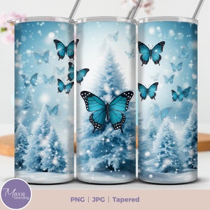 Design a sublimazione per avvolgere il bicchiere di Natale blu, bicchiere sottile da 20 once a forma di farfalla, avvolgere il bicchiere dritto e affusolato per il download digitale PNG.