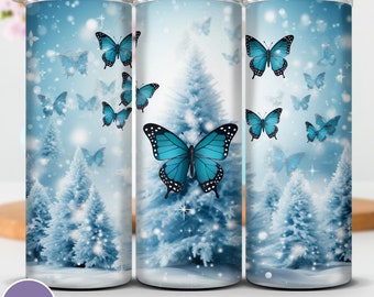 Envoltorio para vaso con diseño de mariposa navideña azul: Diseño delgado de 20 oz (descarga digital)