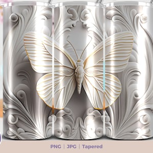 3D White Butterfly 20 oz Skinny Becher Sublimation Design. Digitaler Download PNG Straight & Tapered Tumbler Wrap PNG. 3D Becher Wrap png