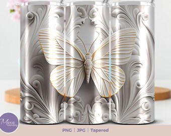 May include: A white and gold butterfly with intricate details is featured on a gray background with a swirling, ornate pattern. The design is perfect for a tapered tumbler.