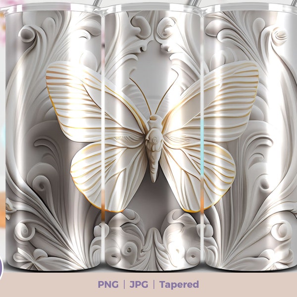 3D White Butterfly 20 oz Skinny Tumbler Sublimation Design. Digital Download PNG Straight & Tapered Tumbler Wrap PNG. 3D tumbler wrap png