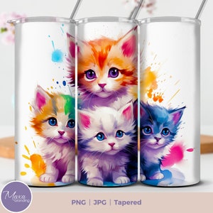 Regenbogen Kätzchen Tumbler Wrap, 20 Unzen Skinny Sublimation Tumbler Designs, Katze Sublimation Tumbler Design PNG. Geschenkidee für Katzenliebhaber. Regenbogen