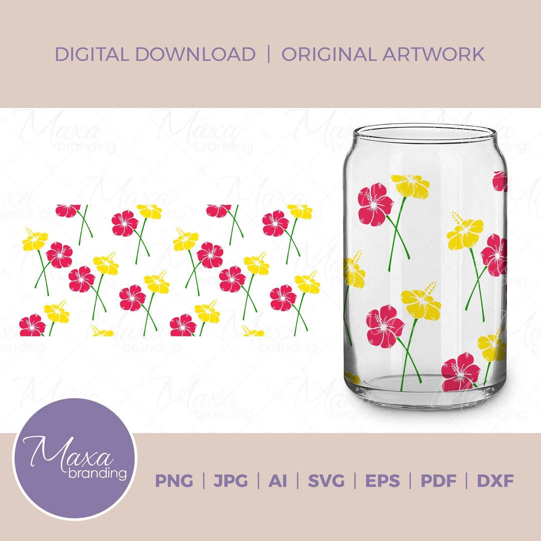 16oz Libbey Glass Can With Hibiscus Flowers Clipart in Svg Png Dxf Jpg ...