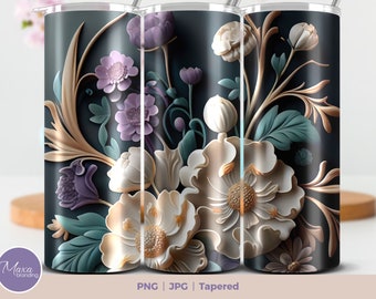 May include: A tapered tumbler with a floral design. The design features white, purple, and gold flowers on a dark blue background.
