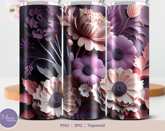 May include: Tapered stainless steel tumbler with a floral design featuring pink, purple, and white flowers on a dark purple background. PNG | JPG | Tapered
