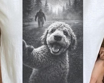Bigfoot Photobomb Dog Selfie Shirt, Funny Sasquatch Cryptid Tee, Doodle Dog Lover Gift, Camping Humor Graphic Tee