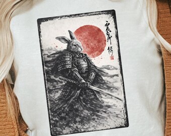 Rabbit Samurai Shirt, Japanese Ink Painting Tee, Sumi-e Bunny Warrior Graphic Tee, Japanese Streetwear Gift