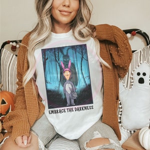 Bob's Burgers Dark Bunny Reveal Halloween Costume Graphic Tee, Louise Unmasked Funny Fall T-shirt, Unique Horror Fan Mashup Shirts, Gift-for