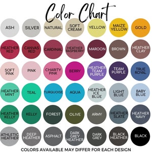 K&ouml;nnte beinhalten: Eine Farbkarte mit einer Vielzahl von Farbt&ouml;nen, darunter Wei&szlig;, Rot und Marineblau. Die Karte zeigt Farbbezeichnungen in kreisf&ouml;rmigem Format, mit dem Text "Color Chart" oben und "Colors available may differ for each design" unten.