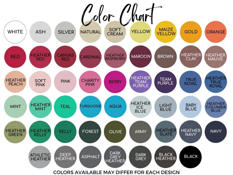 K&ouml;nnte beinhalten: Eine Farbkarte mit einer Vielzahl von Farbt&ouml;nen, darunter Wei&szlig;, Rot und Marineblau. Die Karte zeigt Farbbezeichnungen in kreisf&ouml;rmigem Format, mit dem Text "Color Chart" oben und "Colors available may differ for each design" unten.