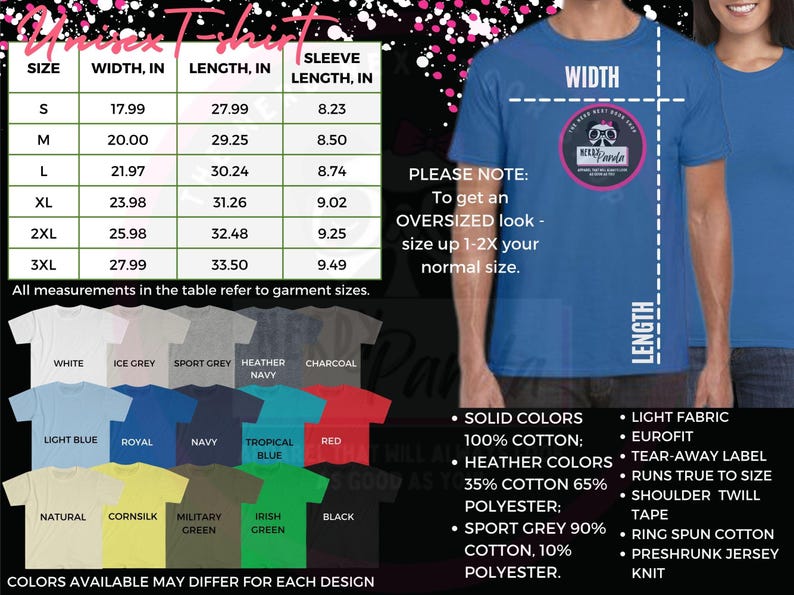 May include: Blue unisex t-shirt with a graphic. The image includes a size chart with measurements in inches, and a color chart. The shirt is available in various colors and sizes. The text on the shirt says "The Nerd Nerd Shop".