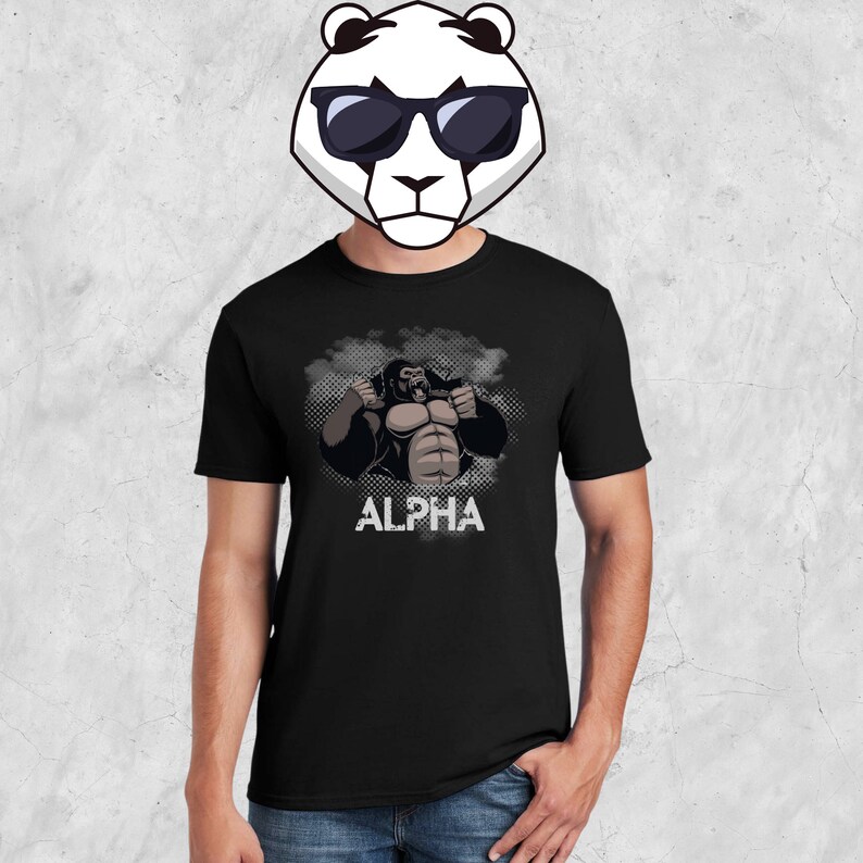 May include: Black t-shirt with a graphic of a muscular gorilla with the word "ALPHA" printed below it.
