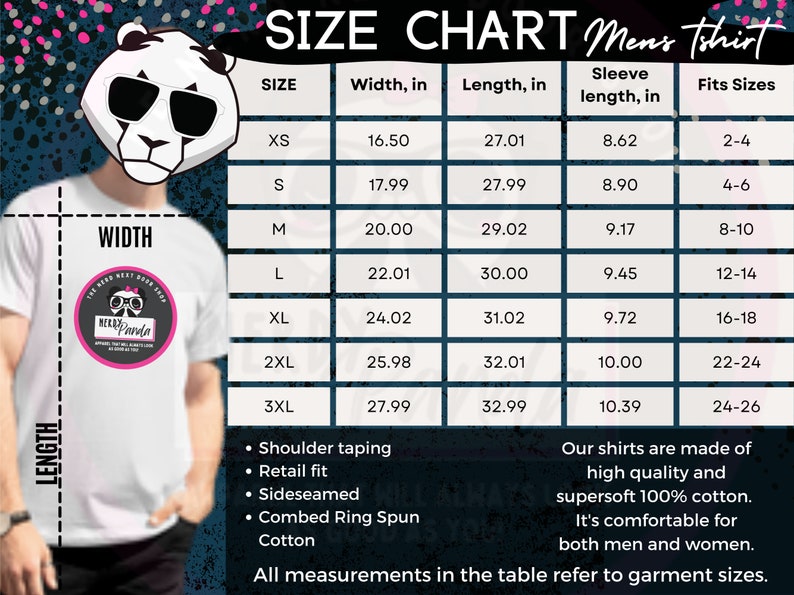 Op de afbeelding: Maattabel voor een heren T-shirt met afmetingen in inches. De tabel toont de maat, breedte, lengte, mouwlengte en de bijbehorende pasvormen. De tabel staat op een donkerblauwe achtergrond met een panda-illustratie.