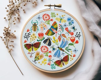 Unique insect set cross stitch pattern PDF - instant download - beetle modern gardening forest moth butterfly bug woodland #CS6