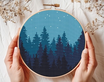 Woodland landscape cross stitch pattern PDF - night forest modern nature round wild sky camping - instant download #CS81