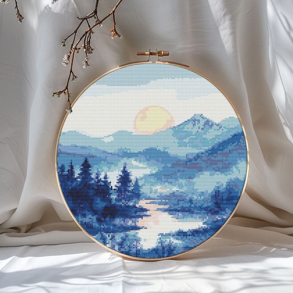 Sunrise forest cross stitch pattern PDF - landscape sunset woodland large modern mountain nature - instant download #CS78